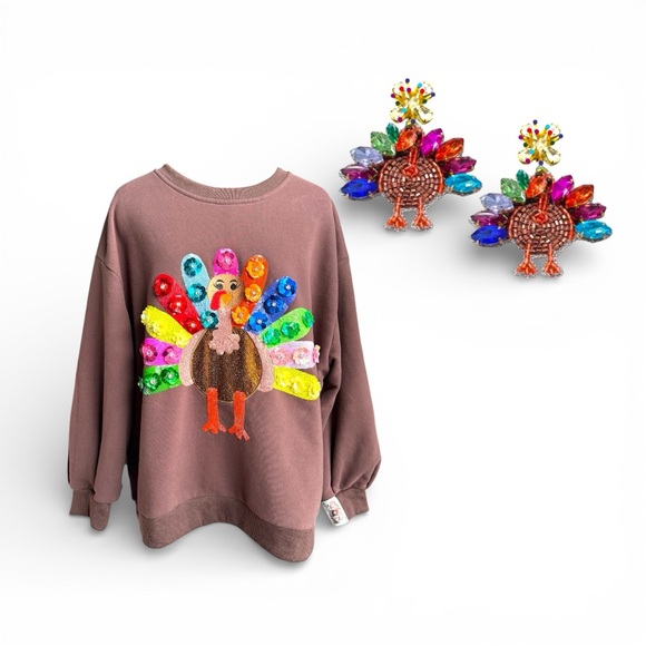QUEEN OF SPARKLES Tops - QUEEN OF SPARKLES Colorful Sequin Turkey Sweatshirt